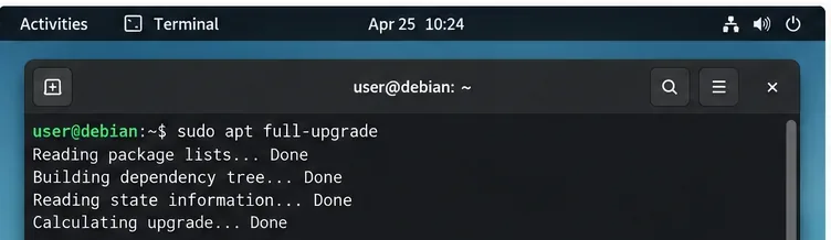 A Debian terminal shows sudo apt full-upgrade and the initial dependency-calculation messages.