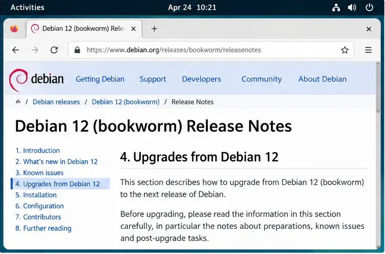 A browser displays Debian 12 Bookworm Release Notes at the section titled Upgrades from Debian 12.