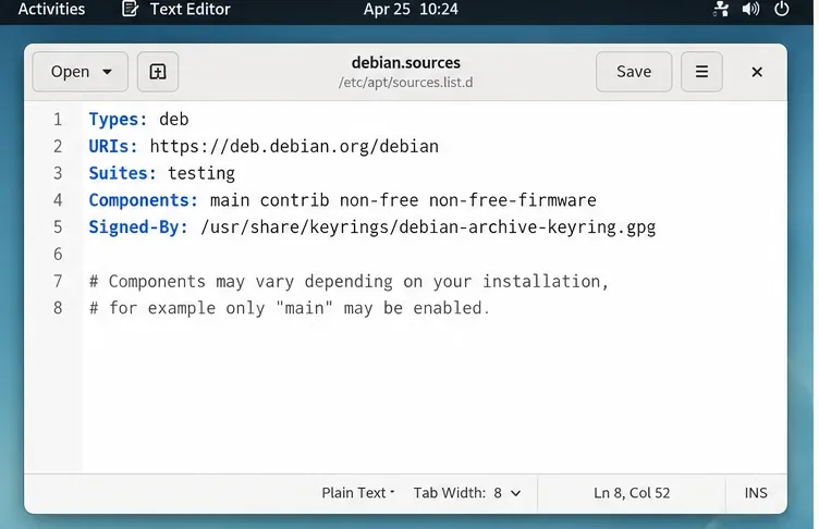 A text editor shows a deb822 Debian source stanza with the Suites field set to testing and the Debian archive keyring specified.