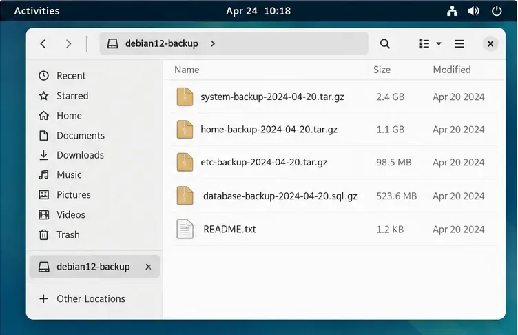 A file manager displays a folder named debian12-backup with system, home, and configuration archive files.