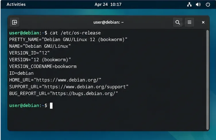 A Debian terminal shows /etc/os-release identifying Debian GNU/Linux 12, with Bookworm as the codename.