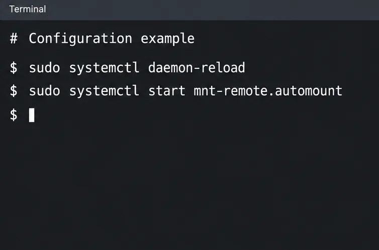 終端機顯示 daemon-reload 並啟動 mnt-remote 自動掛載單元。