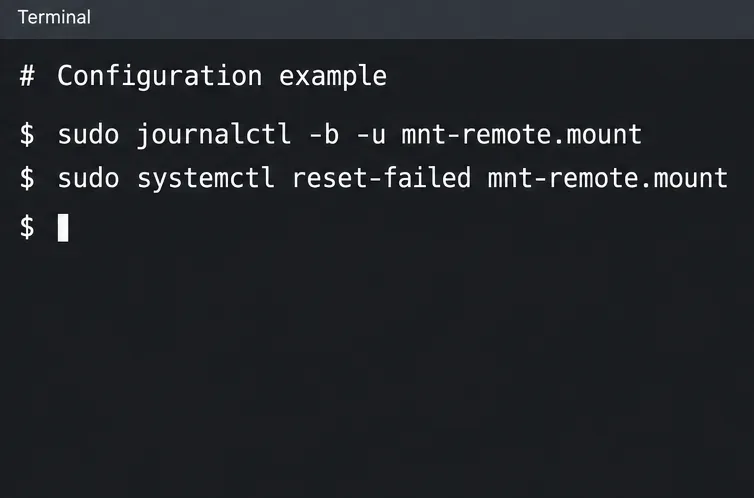 終端機顯示 SSHFS 掛載單元的 journalctl 和 reset-failed 指令。