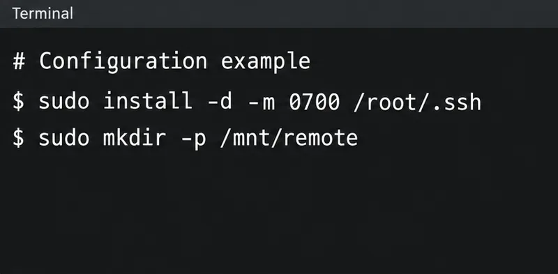 終端機顯示已建立 root 使用者的 SSH 目錄和 /mnt/remote 掛載點。