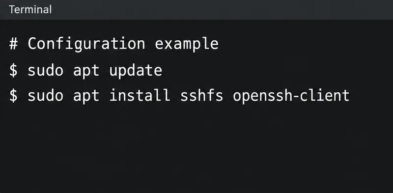 終端機顯示 apt 更新並安裝了 sshfs 和 openssh-client。