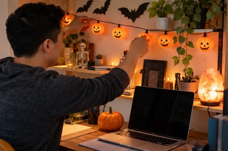 Un télétravailleur ajoute des petites lumières et décorations d'Halloween au mur de son bureau à domicile, à côté de son ordinateur portable.