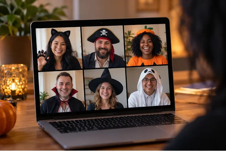 Un ordinateur portable affiche une équipe à distance souriante, vêtue de costumes d'Halloween simples, lors d'un appel vidéo.