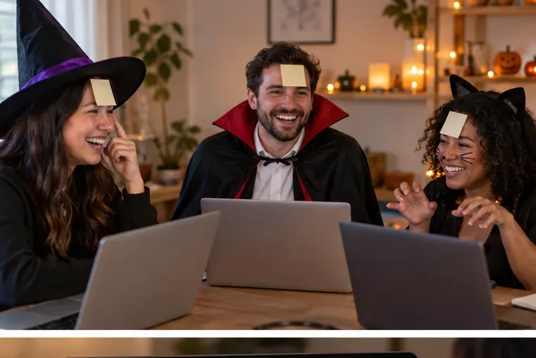 Trois collègues déguisés de façon amusante rient aux éclats lors d'une partie informelle d'Halloween à distance sur leurs ordinateurs portables.