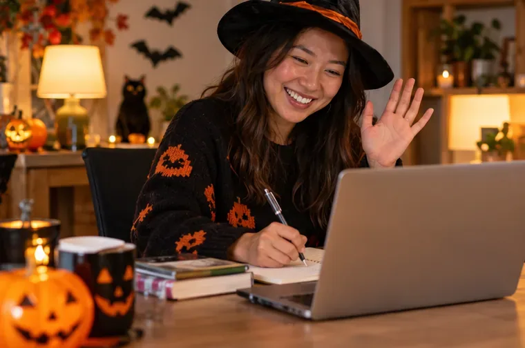 Après une réunion d'Halloween, un membre d'une équipe travaillant à distance fait un signe d'adieu à ses collègues sur son ordinateur portable et leur écrit un message de remerciement.