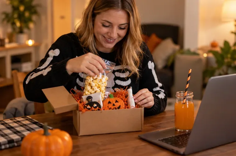 Une personne place du pop-corn et une petite friandise d'Halloween dans une simple boîte à goûter, à côté d'un ordinateur portable et d'une boisson.