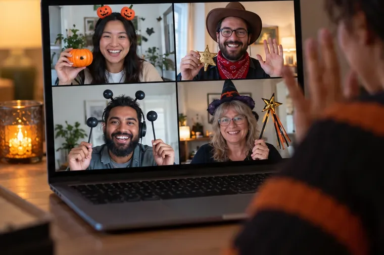Des collègues travaillant à distance brandissent de petits accessoires de déguisement et font signe depuis leurs fenêtres d'appel vidéo individuelles.
