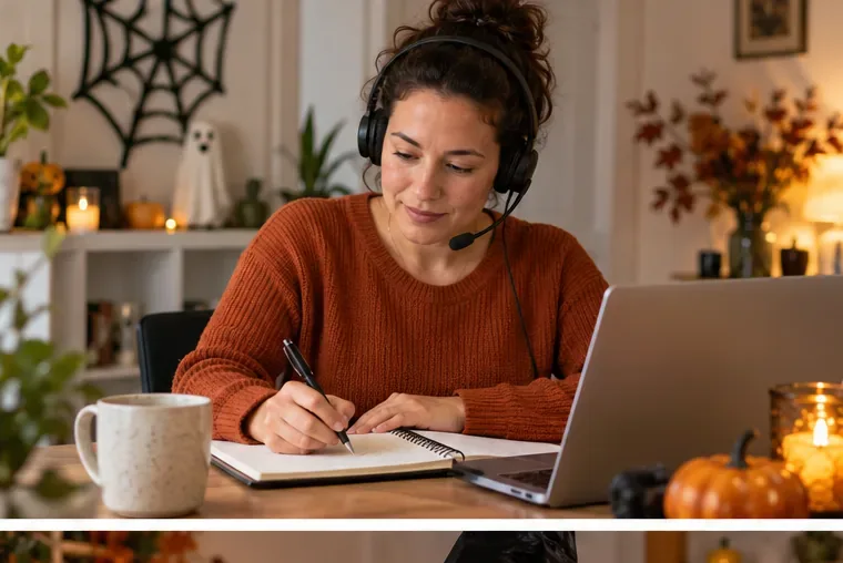 Un animateur, casque sur les oreilles, consulte le programme des événements et ses notes à côté d'un ordinateur portable ouvert.