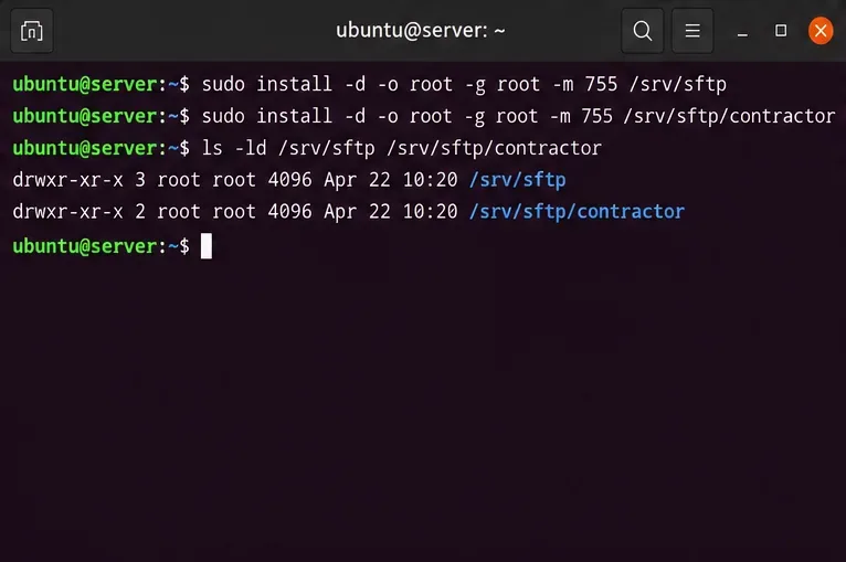 Ubuntu 終端機顯示 root 使用者擁有的 /srv/sftp 和 /srv/sftp/contractor 目錄及其權限