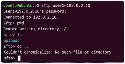SFTP 終端機會話顯示了一個虛擬根目錄、一個上傳資料夾和一個導航嘗試。