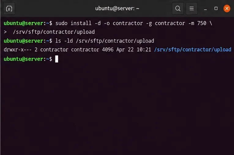 Ubuntu 終端機顯示在 root 使用者擁有的 SFTP jail 下有一個單獨的承包商擁有的上傳資料夾。