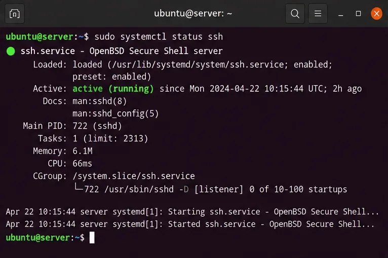 Ubuntu 終端機顯示 systemctl status ssh 命令和 SSH 服務詳細信息