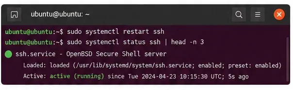 Ubuntu 終端機顯示 SSH 服務控制指令和活動的 SSH 服務狀態