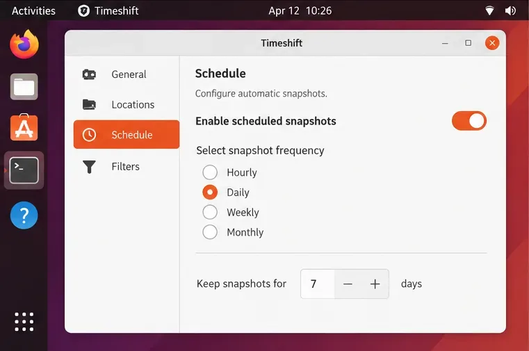 إعدادات جدولة Timeshift مع تمكين اللقطات اليومية ومثال على الاحتفاظ لمدة سبعة أيام.