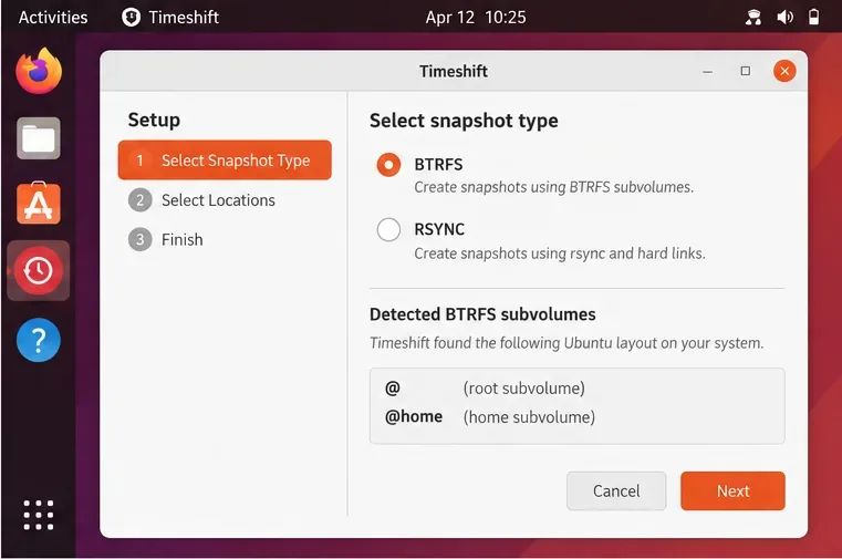 شاشة إعداد Timeshift مع تحديد BTRFS والكشف عن المجلدات الفرعية @root و @home.