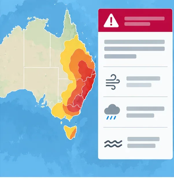 A warning-page illustration pairs a shaded area with a hazard summary; read the live BOM notice for affected places, timing, and advice.