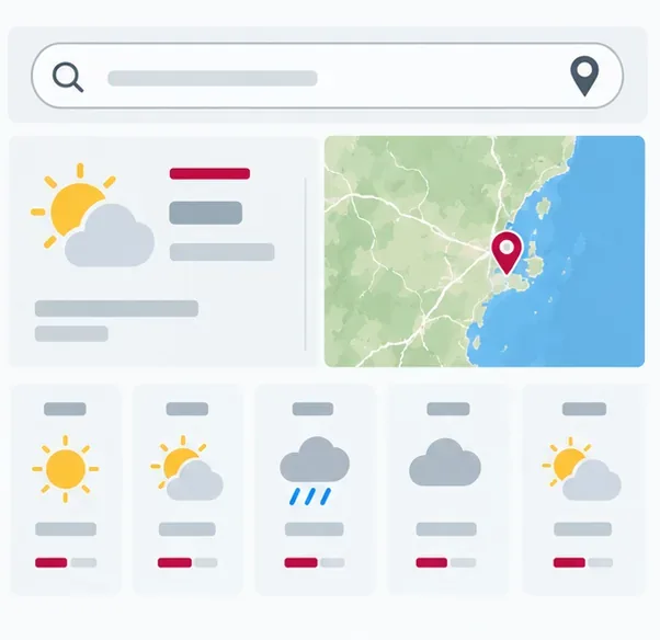 A location search and map pin sit above daily forecast cards; this interface illustration is not a live BOM reading.