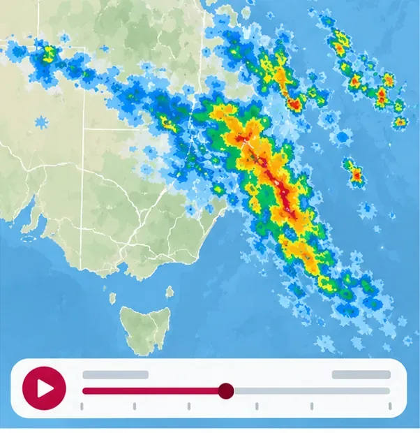 A radar-style map shows colored precipitation echoes and a playback timeline; use BOM’s live legend and timestamp for current conditions.
