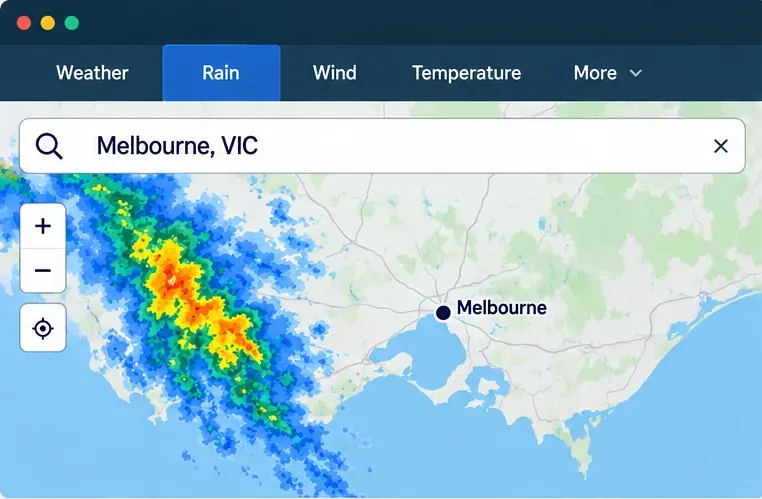 Conceptual weather-map mockup with Rain selected and the search field set to Melbourne, VIC.