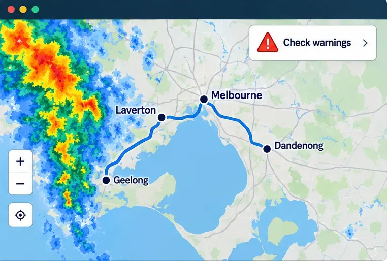 Conceptual Melbourne route map with Laverton, Melbourne, Geelong, Dandenong, illustrative rain echoes, and a Check warnings card.