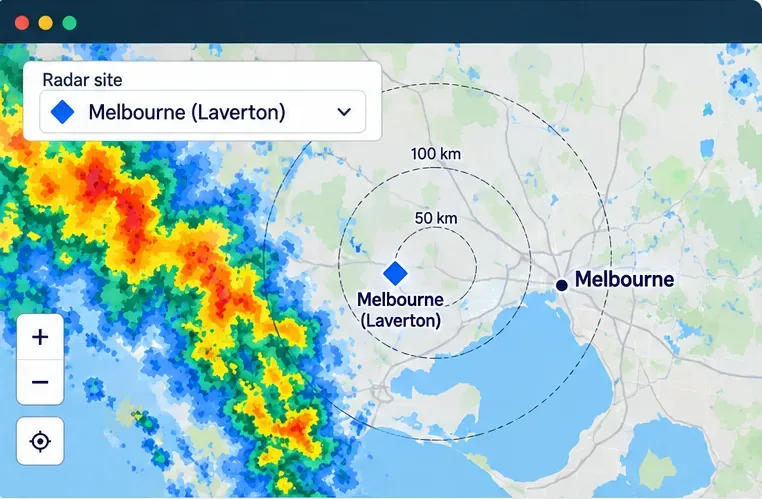Conceptual Melbourne radar-map mockup with a Melbourne (Laverton) selector, distance rings, and illustrative rain echoes west of the city.