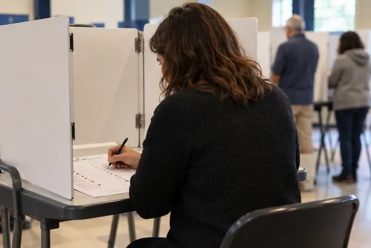 A woman marks a paper ballot at a privacy booth in a polling place.