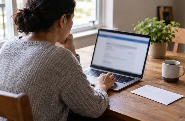A woman checks a webpage on a laptop at a home desk, representing a voter registration status check.