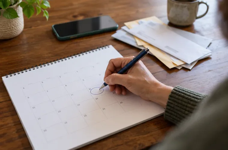 A hand circles a date on a paper calendar beside a phone and election-related mail.