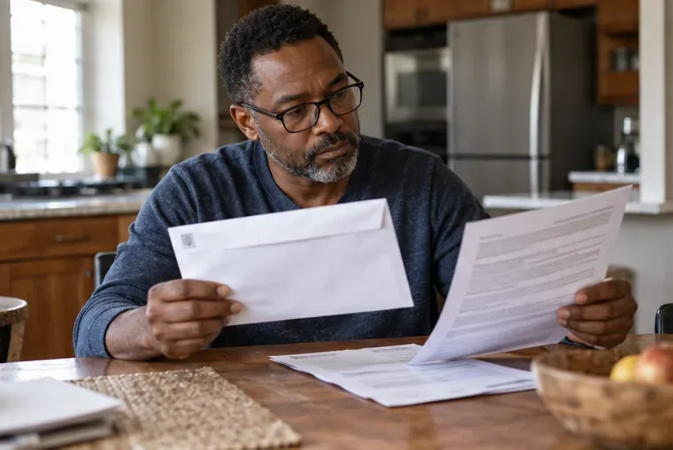 A man reviews a plain envelope and printed instructions at a kitchen table.