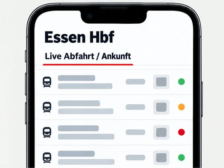Schematische Ansicht einer Mobilseite mit Essen Hbf, Live Abfahrt / Ankunft und neutralen Platzhalterzeilen
