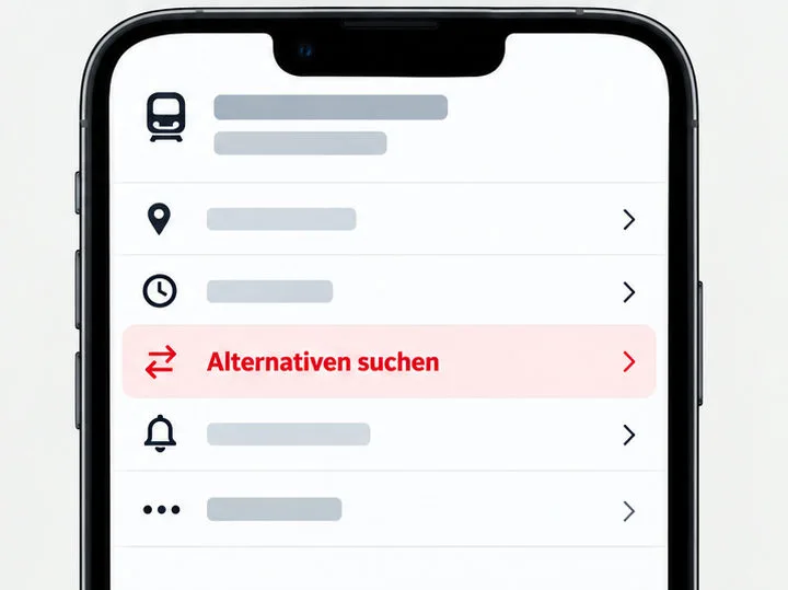 Schematisches App-Menü mit hervorgehobener Funktion Alternativen suchen