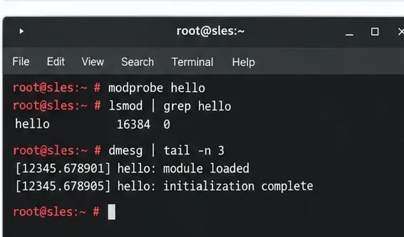 Terminal affichant les commandes modprobe, lsmod et kernel-log utilisées pour vérifier un module signé