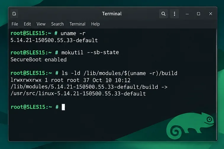 Terminal affichant uname -r, l'état du démarrage sécurisé mokutil et une vérification du répertoire de compilation du noyau en cours d'exécution