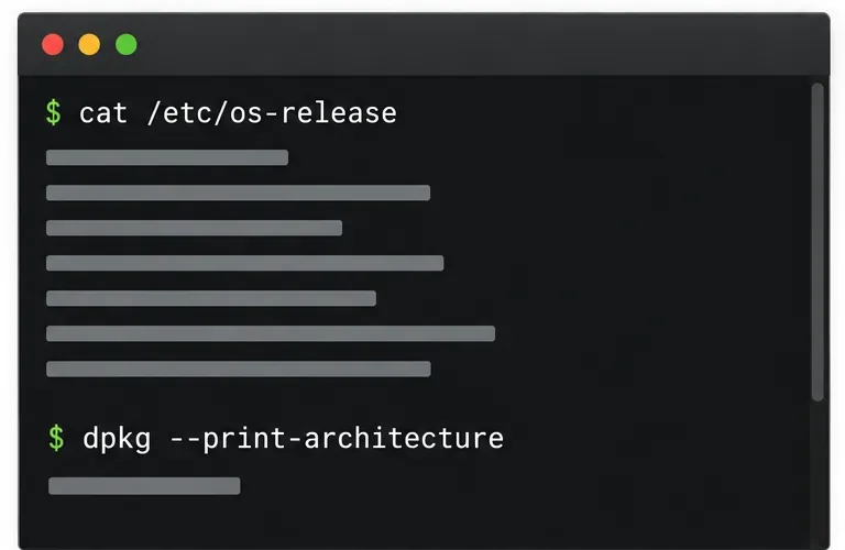 หน้าต่างเทอร์มินัล Linux แสดงคำสั่งเพื่อระบุระบบปฏิบัติการและสถาปัตยกรรมแพ็กเกจ Debian
