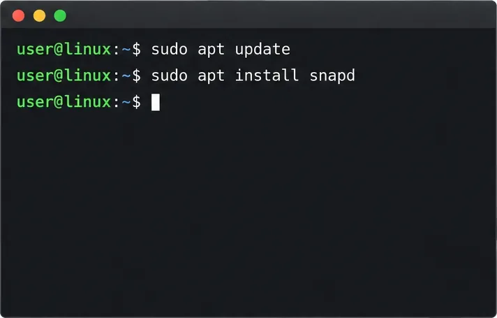 A generic Linux terminal showing sudo apt update and sudo apt install snapd