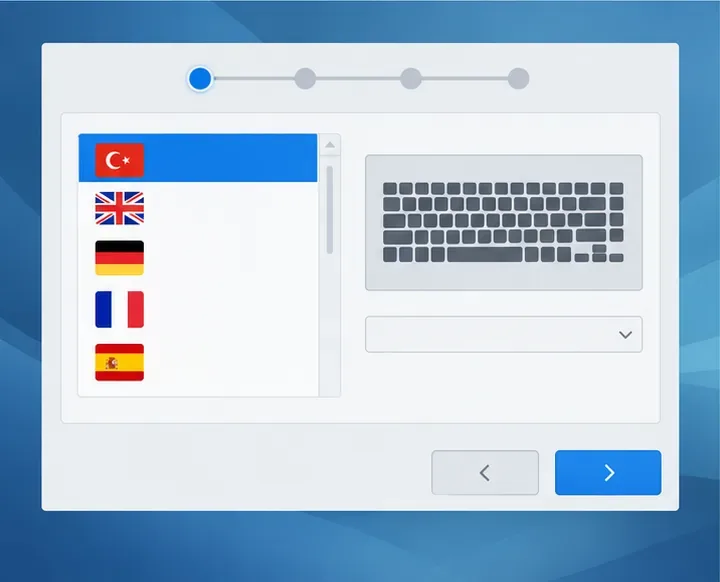A generic graphical Linux installer language and keyboard selection screen.
