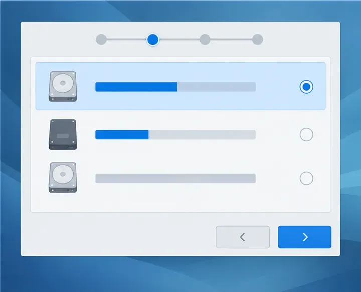A generic installer disk selection screen with several storage devices.