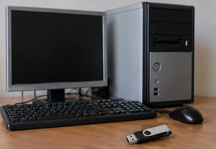 An older desktop computer beside a USB flash drive prepared for installation.