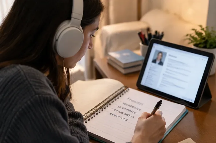 Étudiante avec un casque audio prenant des notes de vocabulaire français dans un carnet devant une tablette