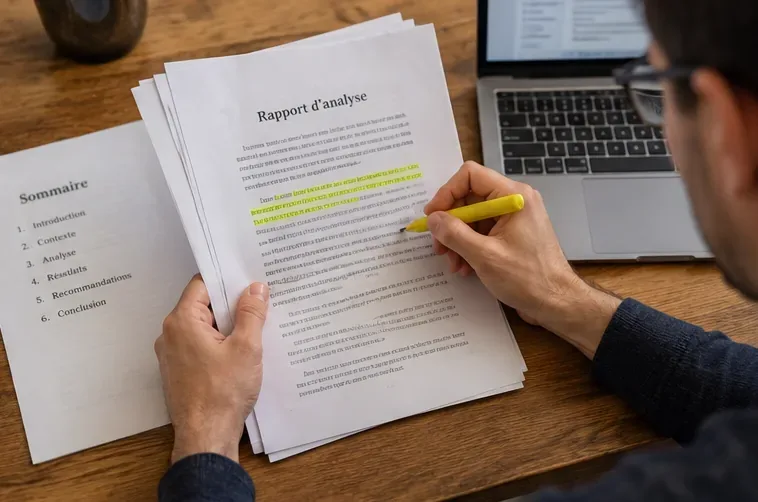 Lecteur tenant des pages imprimées d’un rapport et surlignant un passage avec un marqueur jaune à côté d’un ordinateur