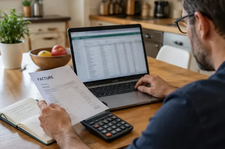 Personne comparant une facture papier, une feuille de calcul sur ordinateur et une calculatrice sur une table