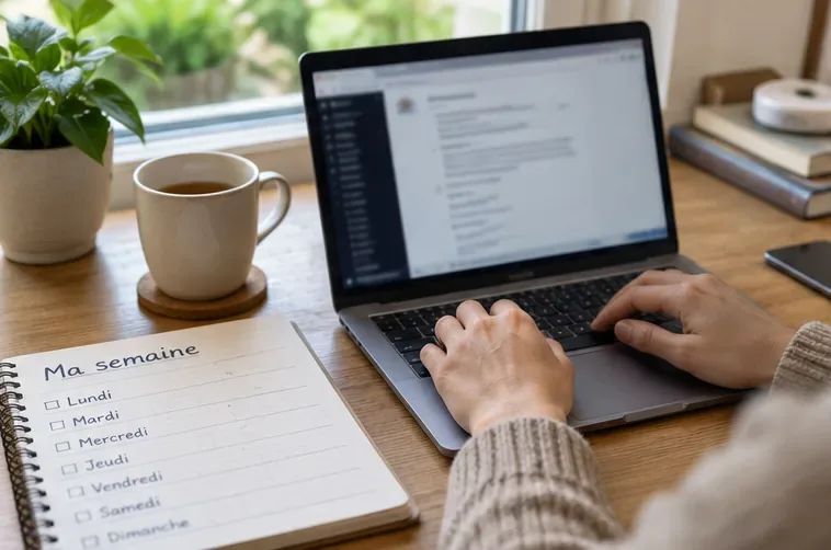 Personne utilisant un ordinateur portable près d’un carnet de planification hebdomadaire, avec une tasse et une plante sur un bureau