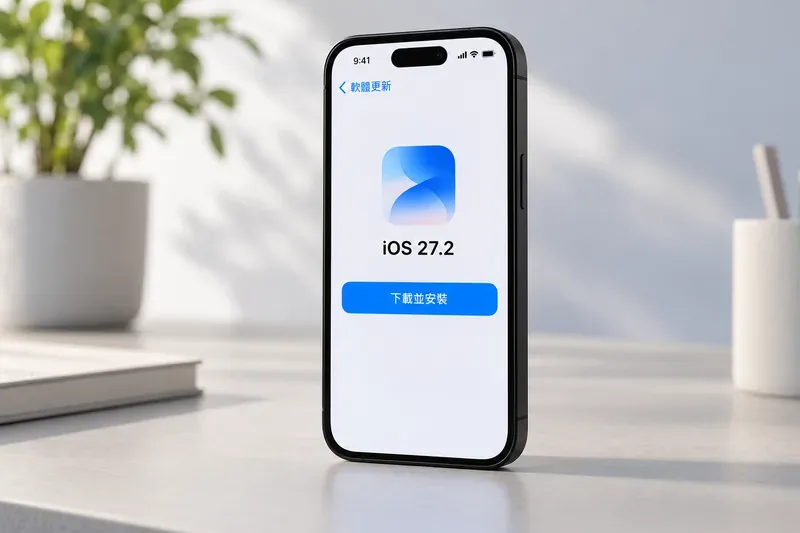 iPhone 螢幕顯示「iOS 27.2」與藍色「下載並安裝」按鈕，手機放在淺色桌面上