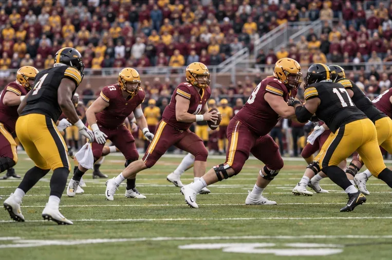 College football players in maroon and gold and in black and gold converge around the ball during a play.