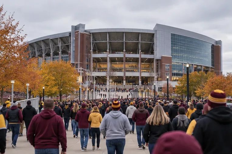 Fans in autumn jackets walk toward the entrance of a large college football stadium.