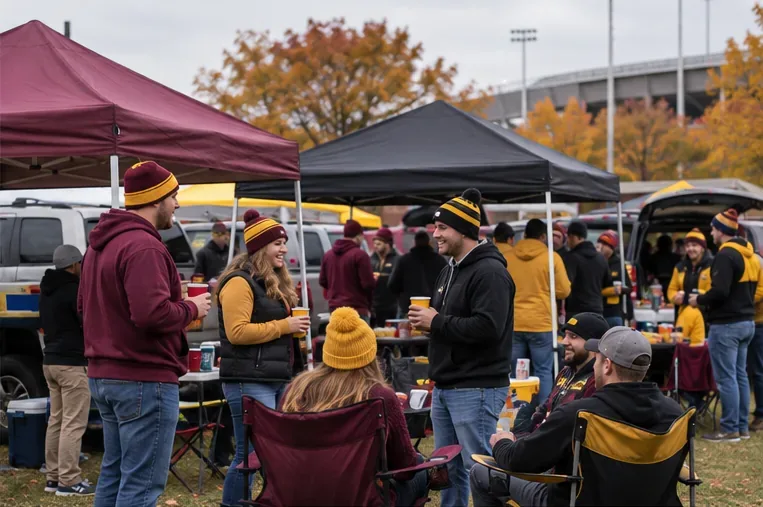 Fans wearing plain maroon, gold, black, and gold clothing gather beneath tents outside a football stadium.
